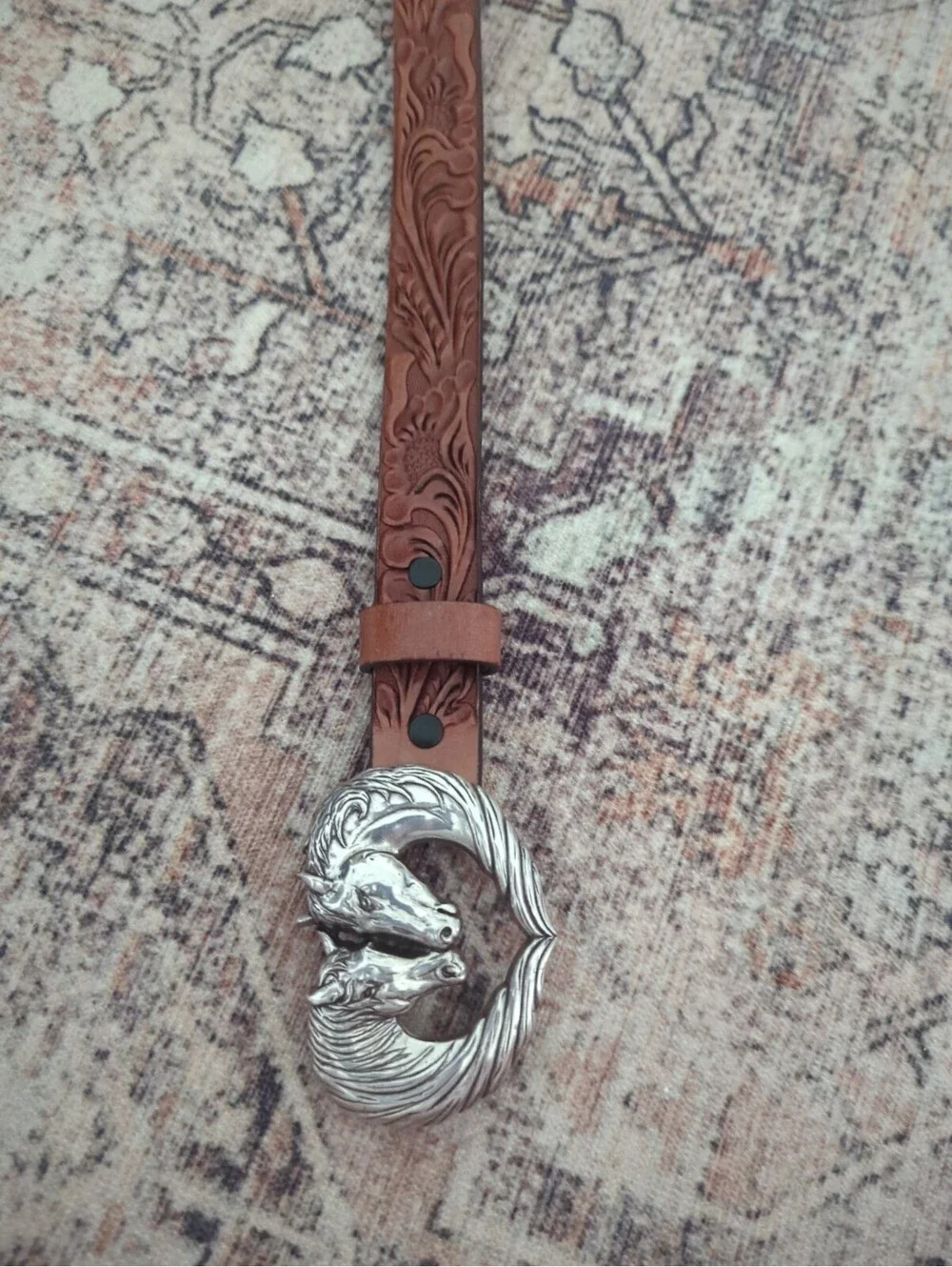 Justin Girl’s Twin Horse Western Belt Tooled With Silver Tone Buckle 24 11/21